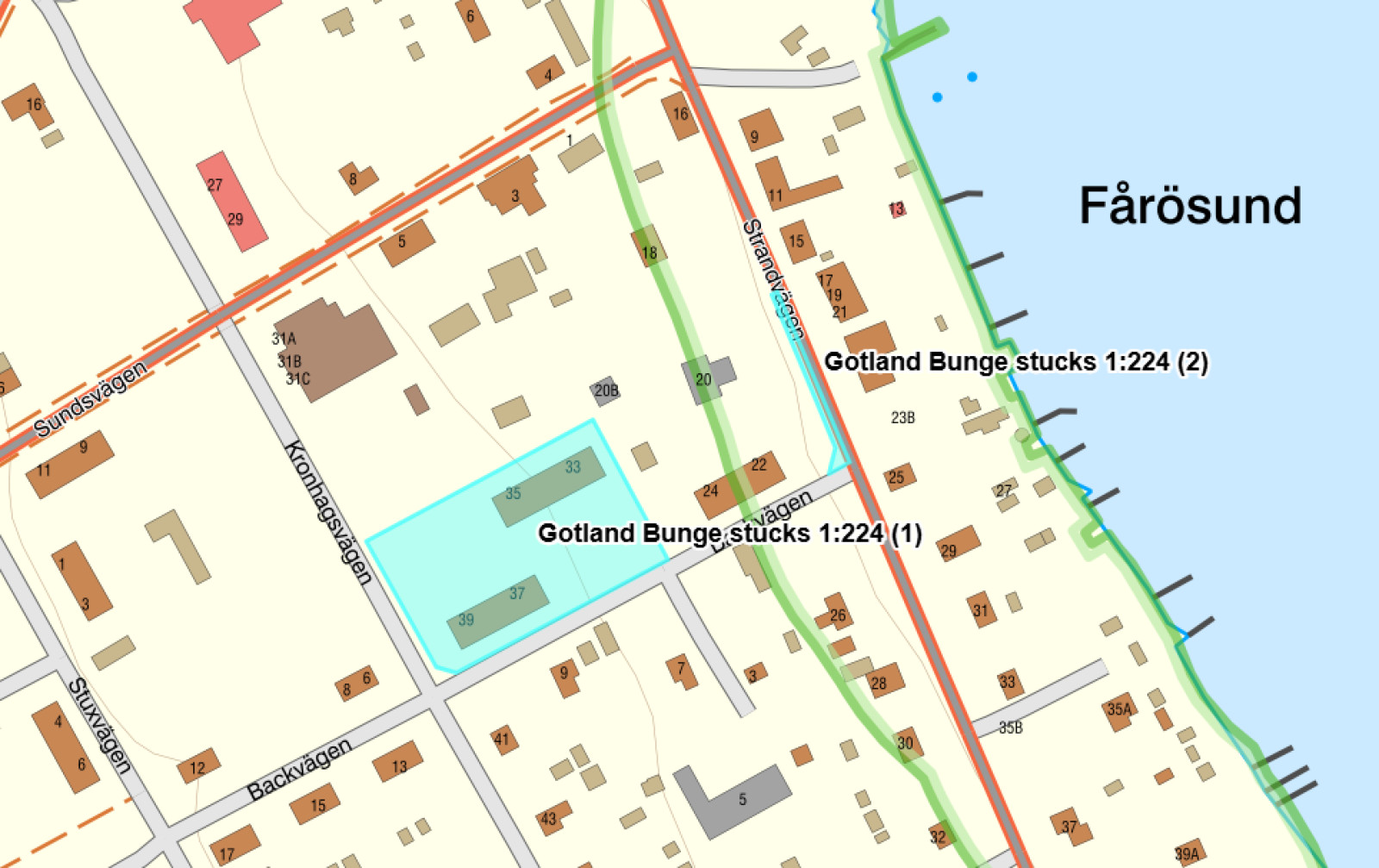 Fastighetskarta Bunge stucks 1:224 Kronhagsvägen 33-39, Strandvägen 22-24