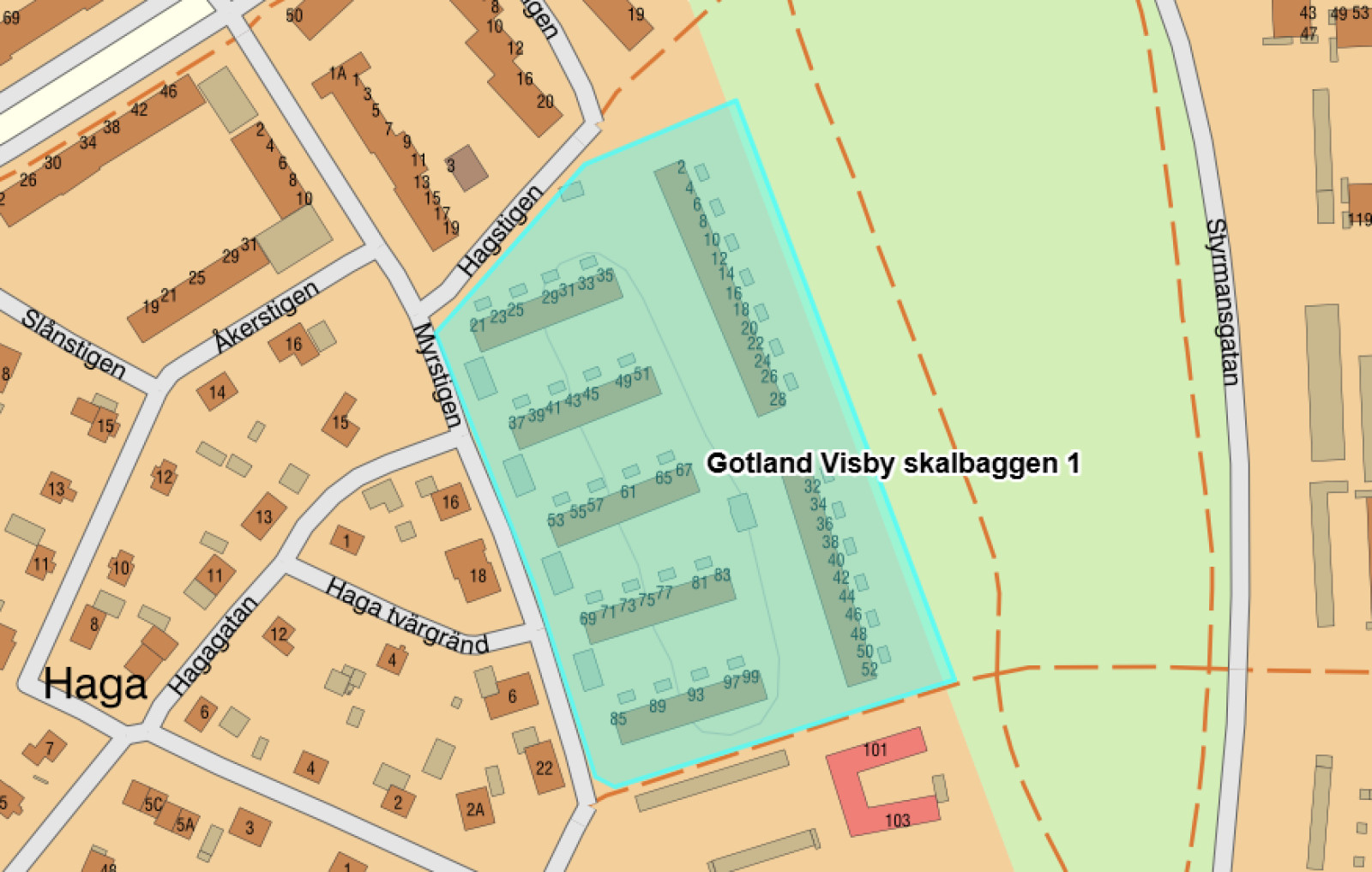 Fastighetskarta Hagstigen 2-52, Myrstigen 21-99